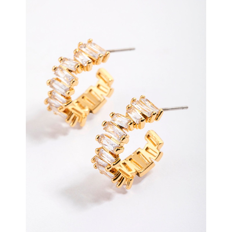 Gold Plated Organic Cubic Zirconia Baguette Hoop Earrings