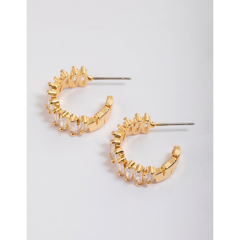 Gold Plated Organic Cubic Zirconia Baguette Hoop Earrings