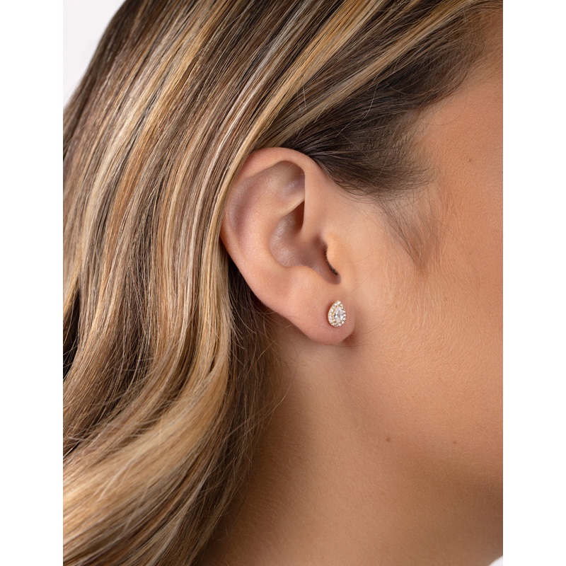 Gold Plated Sterling Silver Cubic Zirconia Pear Halo Stud Earrings