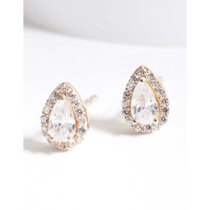 Gold Plated Sterling Silver Cubic Zirconia Pear Halo Stud Earrings