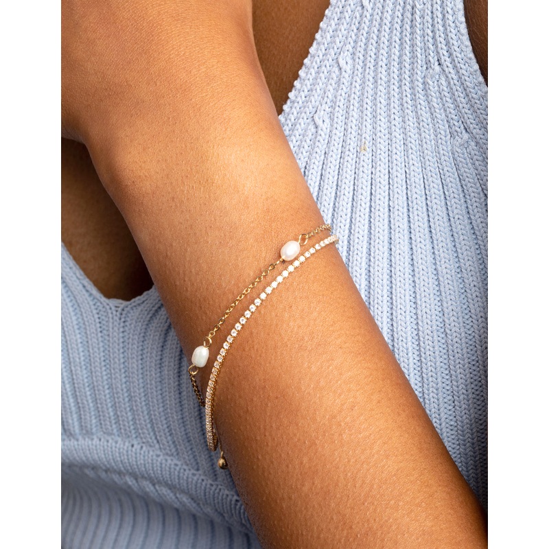 Gold Plated Brass Cubic Zirconia & Pearl Bracelet