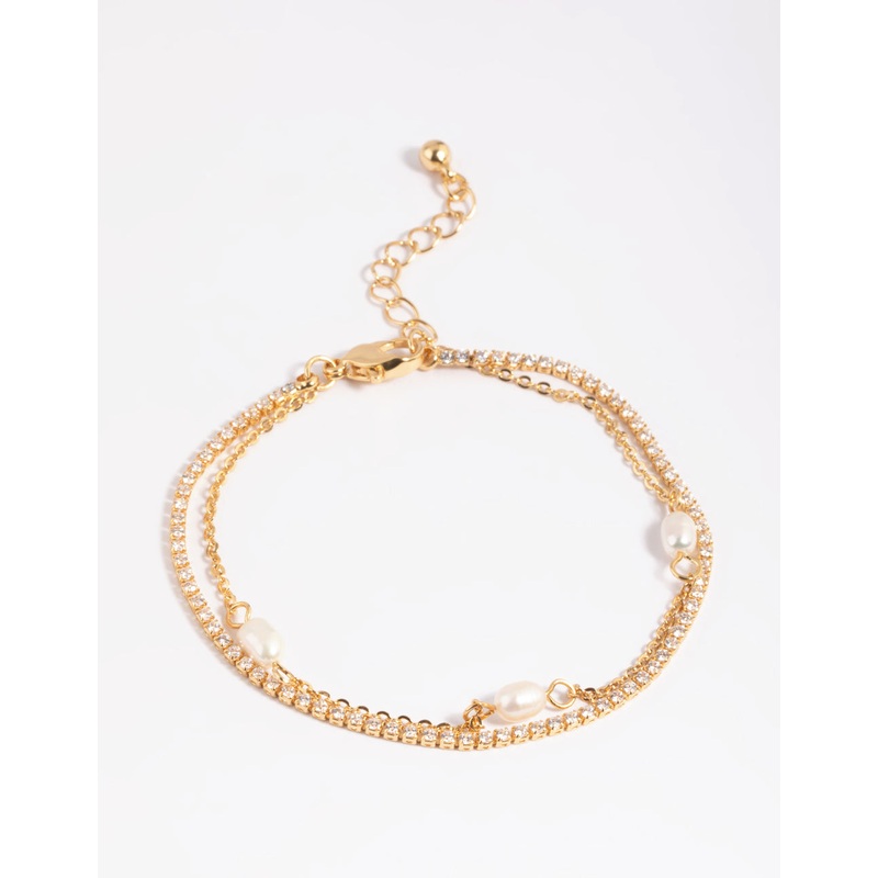 Gold Plated Brass Cubic Zirconia & Pearl Bracelet