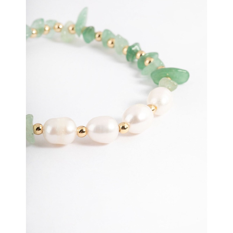 Gold Plated Green Aventurine Chip Freshwater Pearl Stretch Bracelet