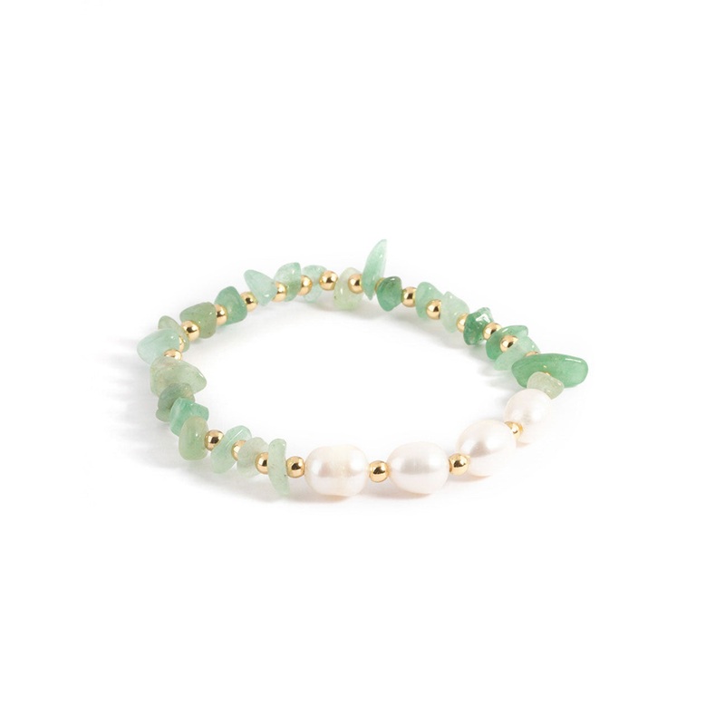 Gold Plated Green Aventurine Chip Freshwater Pearl Stretch Bracelet