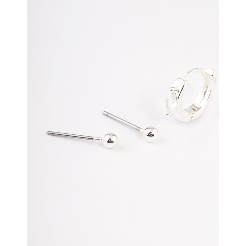 Silver Plated Brass  Cubic Zirconia Statement Huggie Earrings Pack