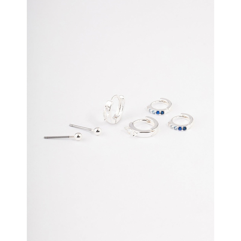 Silver Plated Brass  Cubic Zirconia Statement Huggie Earrings Pack