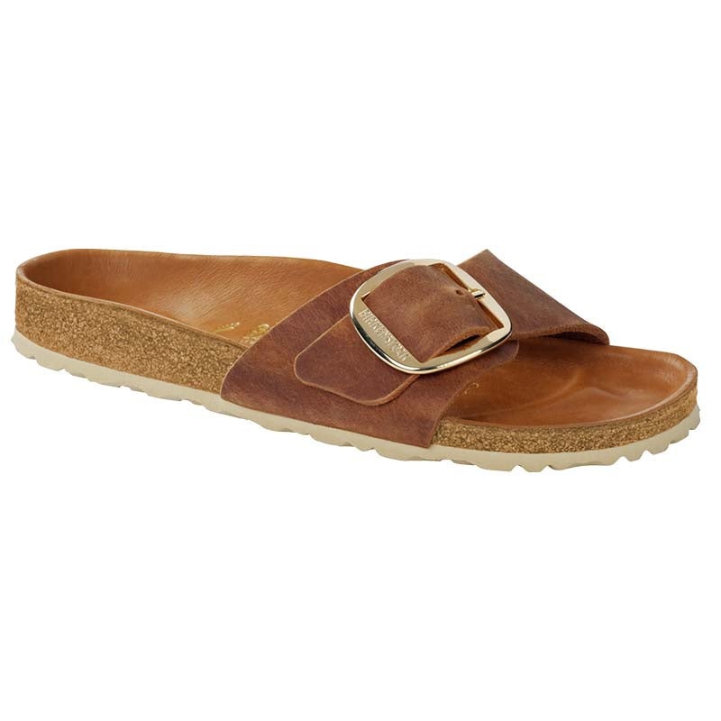 Women’s Madrid Oiled Leather Big Buckle Sandals in Cognac