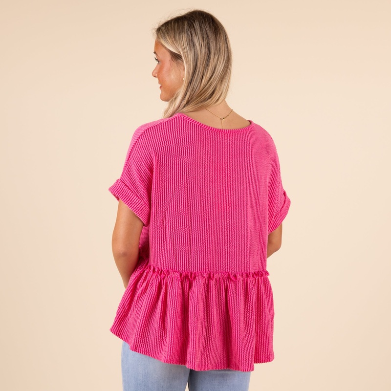 Short Sleeve Ribbed V-Neck Babydoll Top in Hot Pink