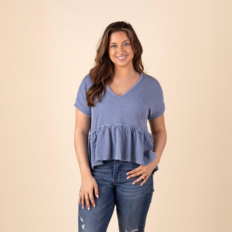 Short Sleeve Ribbed V-Neck Babydoll Top in Blue