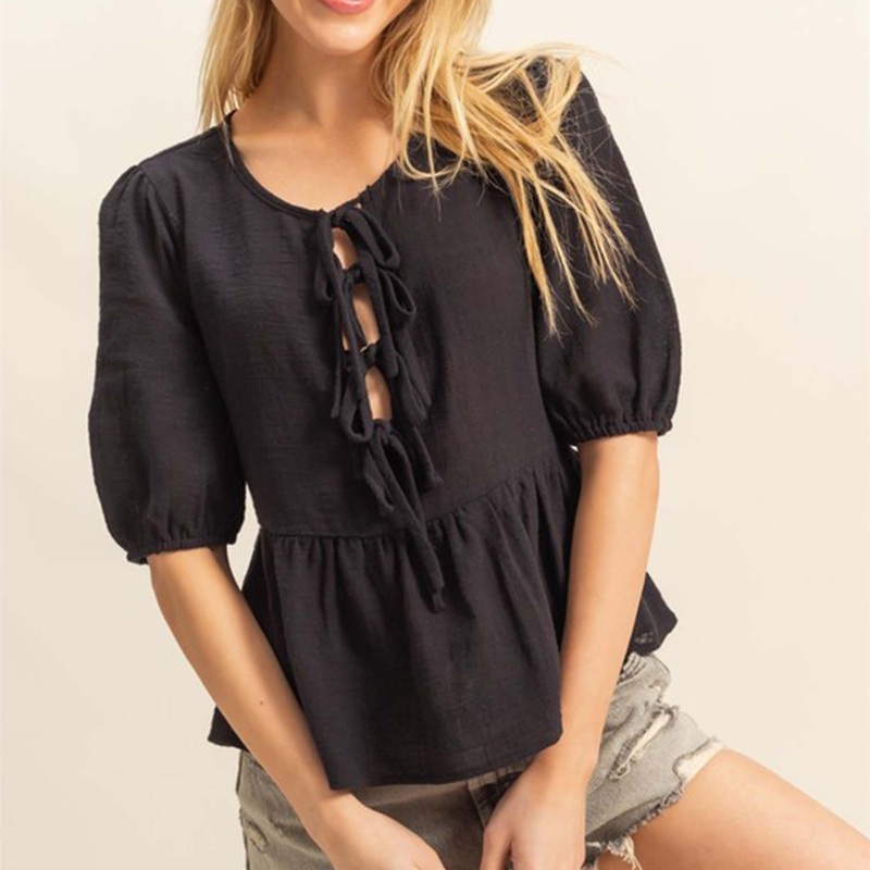 Tie Front Babydoll Woven Short Sleeve Top