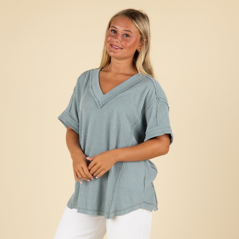 Ribbed V-Neck Short Sleeve Knit Top