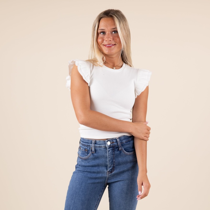 Ribbed Ruffled Crop Tank in White