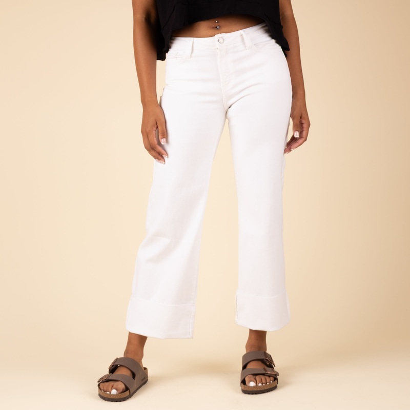 Cut Cuff Wide Leg Jeans in White