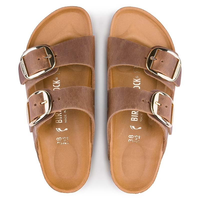 Women’s Arizona Oiled Leather Big Buckle Sandals in Cognac