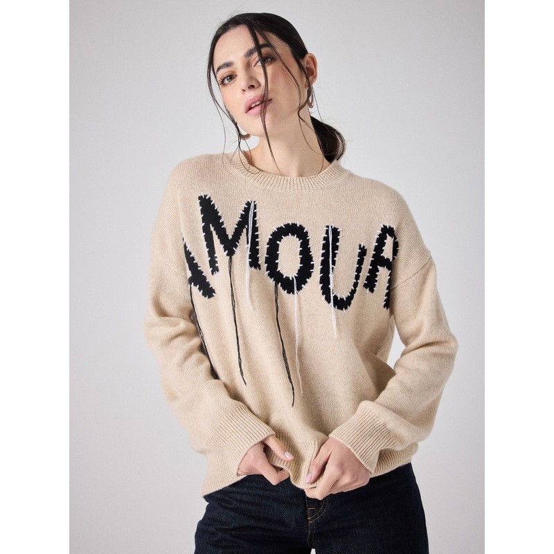 Pull cachemire Amour|Beige chin / noir|S|M|L