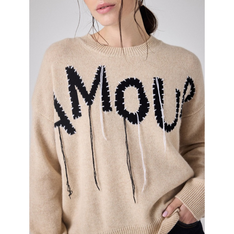 Pull cachemire Amour|Beige chin / noir|S|M|L
