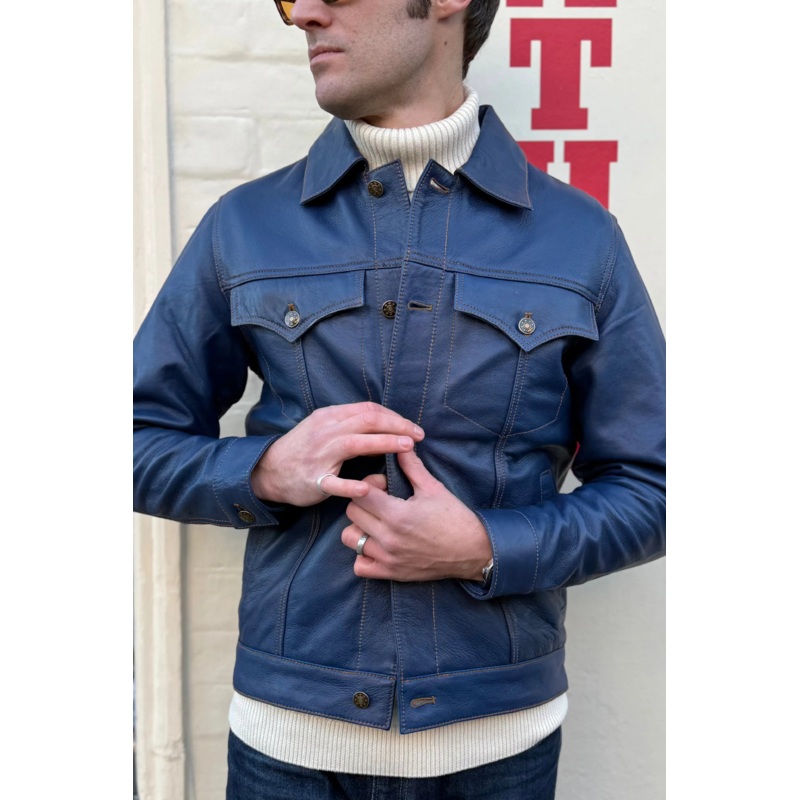 Mens Leather Indigo Blue – Trucker Jacket