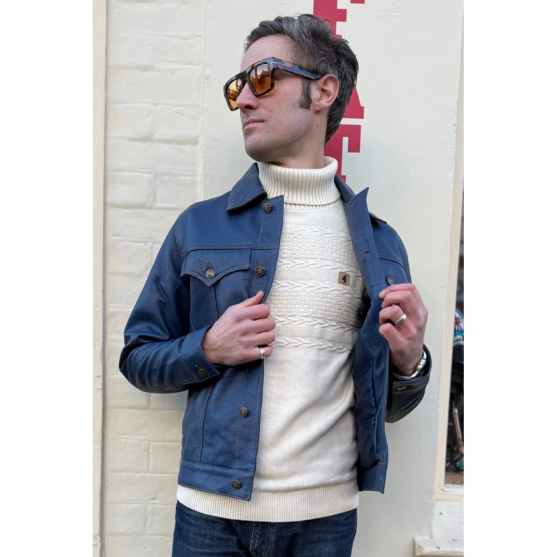 Mens Leather Indigo Blue – Trucker Jacket