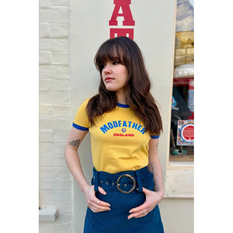 Women’s Logo Script Mustard and Royal Blue – T-Shirt