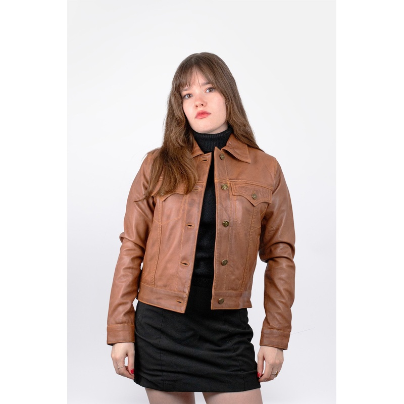 Women’s Leather Aged Tan – Trucker Jacket