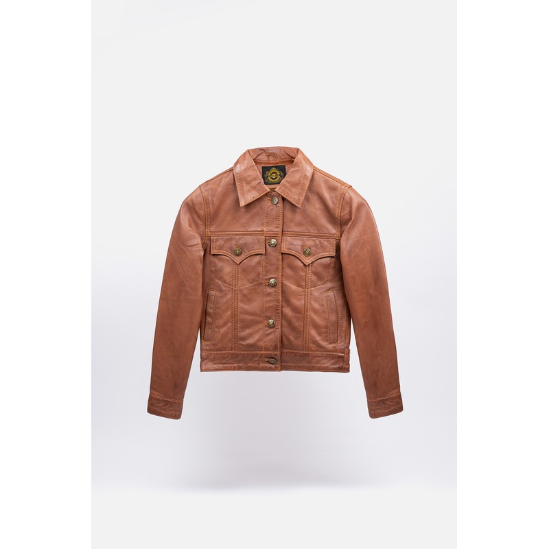 Women’s Leather Aged Tan – Trucker Jacket