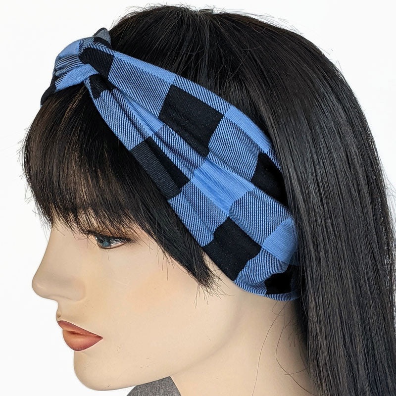 Bamboo blend wide turban style comfy wide knit headband, blue and black plaid