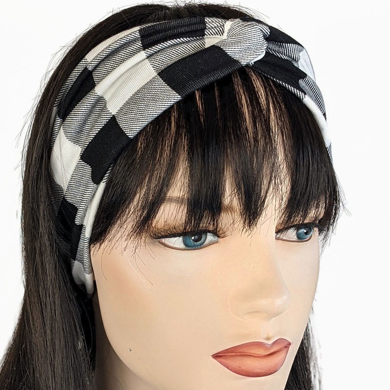 Bamboo blend wide turban style comfy wide knit headband, winter white and black plaid