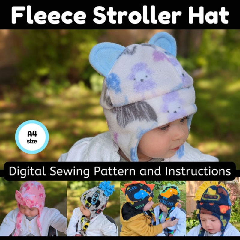 Adorable Kid’s Fleece Stroller Hat, Digital Sewing Pattern, A4 printer paper format