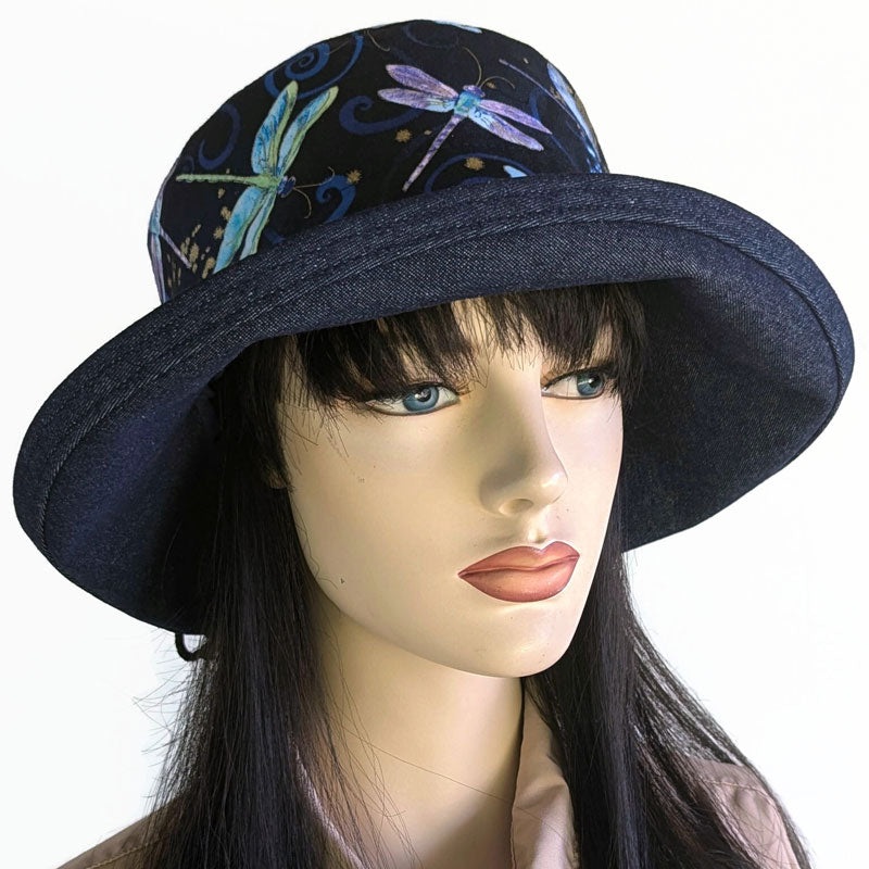 Sunblocker UV summer sun hat with wide brim featuring dragonfly print in navy, adjustable fit