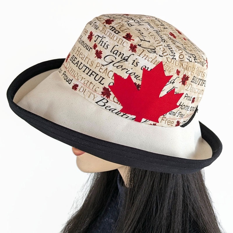 Canada Sunblocker UV summer sun hat with large wide brim featuring Canada patriotic words maple leaves