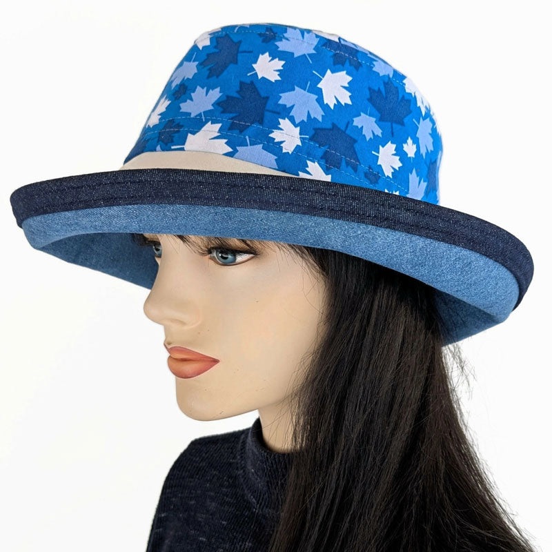 Canada Sunblocker UV summer sun hat with wide brim, Canada blue and white maple leaves, adjustable fit