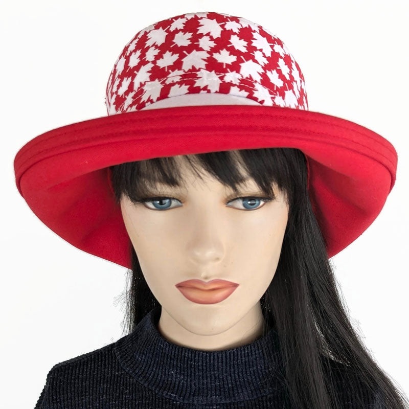 Canada Sunblocker UV summer sun hat with wide brim, Canada red and white maple leaves, adjustable fit
