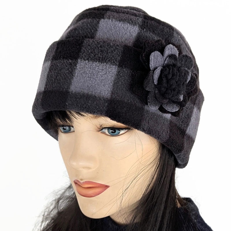 Fleece Fashion Toque with adjustable cuff, with floral pin trim, asst’d colors