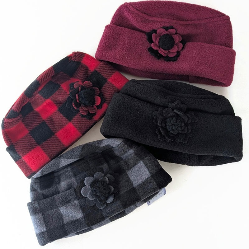 Fleece Fashion Toque with adjustable cuff, with floral pin trim, asst’d colors