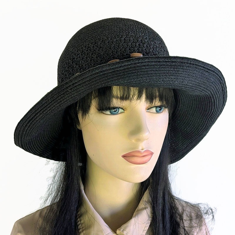 Sun Hat, Straw Packable black straw hat with button trim and lovely crochet textures, wired brim edge, adjustable fit