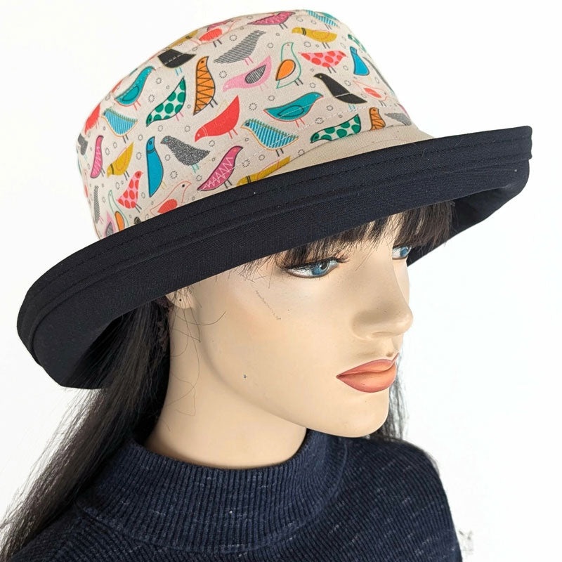 Sunblocker UV summer sun hat with wide brim, artsy birds print, adjustable fit