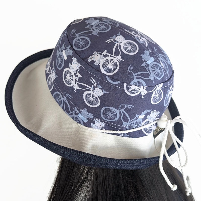 Sunblocker UV summer sun hat with wide brim,  beautiful bikes in blues, adjustable fit