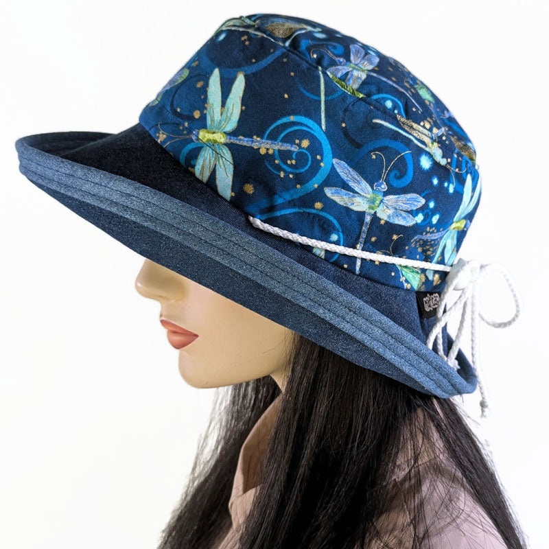 Sunblocker UV summer sun hat with wide brim, featuring royal dragonfly print, adjustable fit