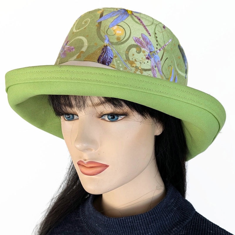 Sunblocker UV summer sun hat with wide brim, gorgeous dragonfly print in green, adjustable fit