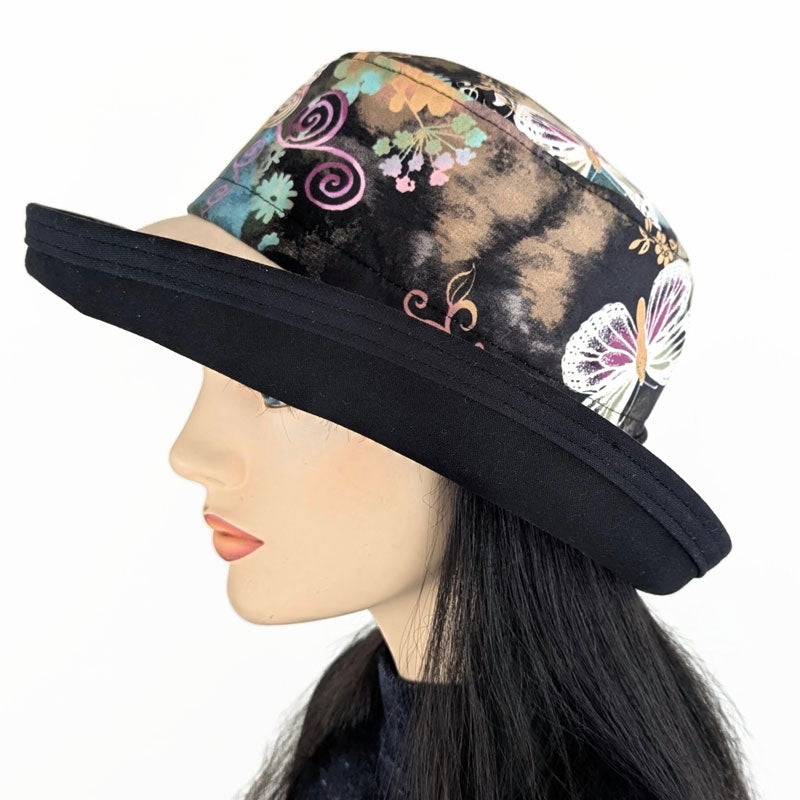Sunblocker UV summer sun hat with wide brim, pretty butterflies on black, adjustable fit