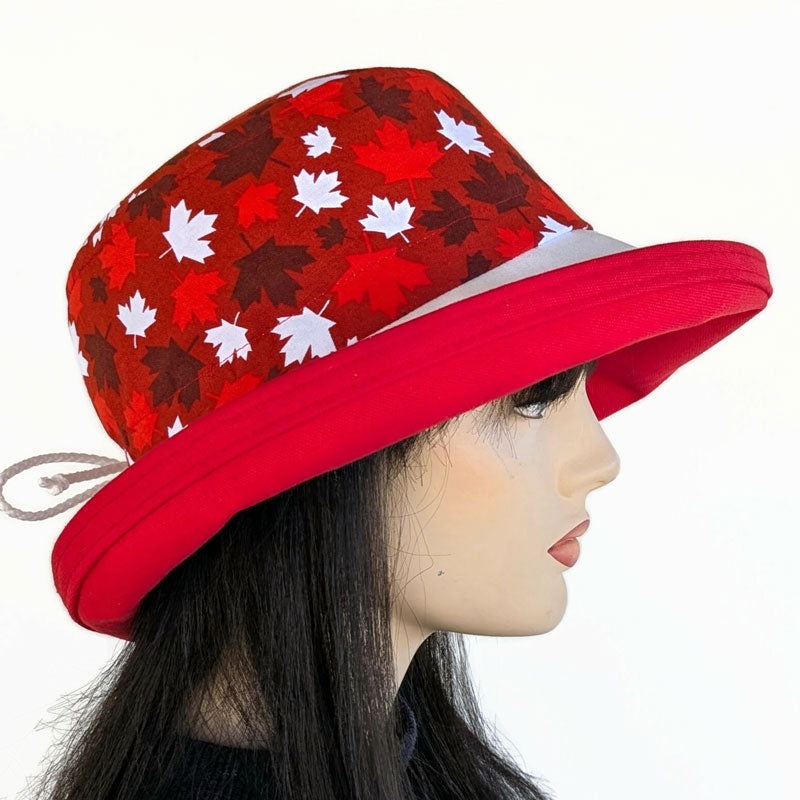 Canada Sunblocker UV summer sun hat with wide brim, Canada red, burgundy and white maple leaves, adjustable fit
