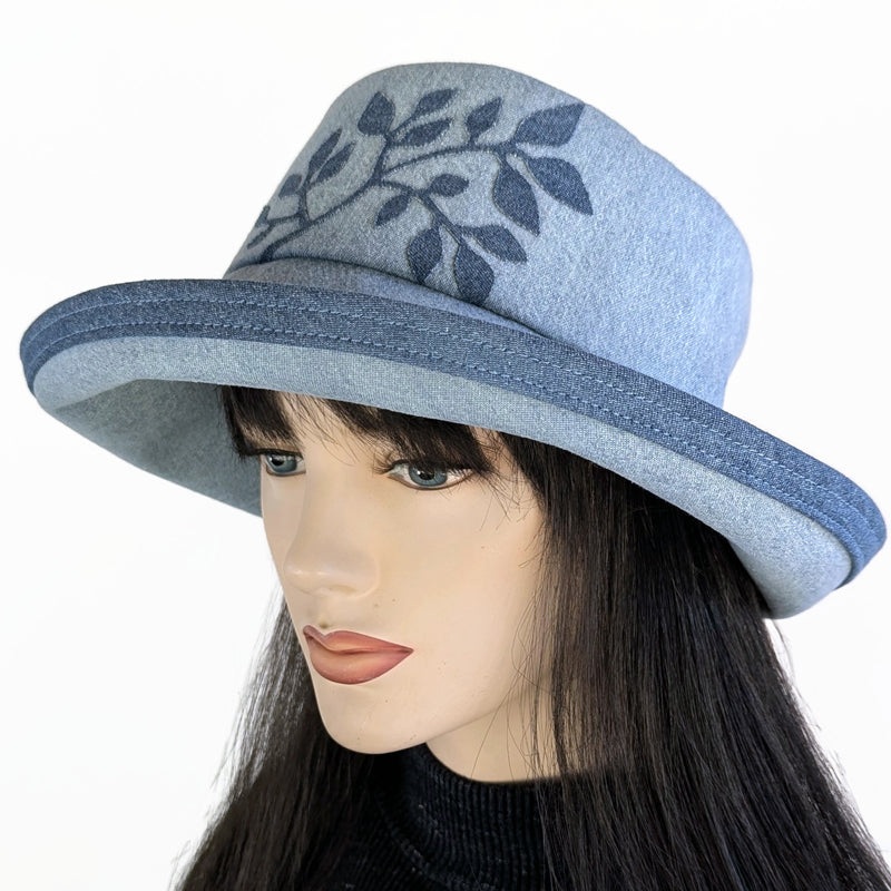 Denim Fashion hat in bleached denim with wide brim and adjustable fit, with leaf applique