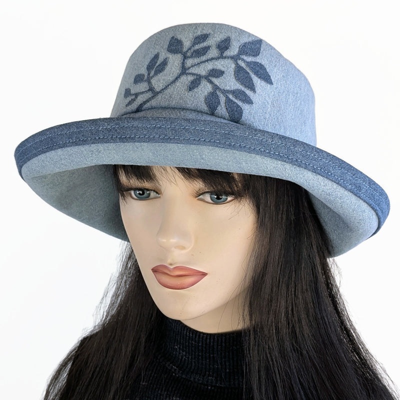 Denim Fashion hat in bleached denim with wide brim and adjustable fit, with leaf applique