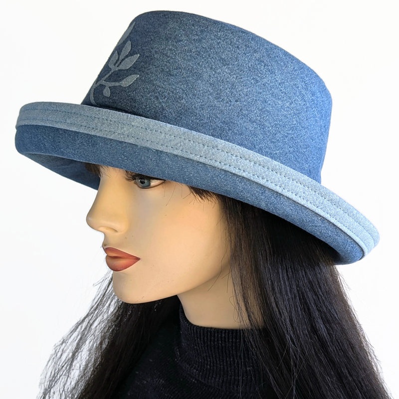 Denim Fashion hat with in royal washed denim with wide brim and adjustable fit, with leaf applique