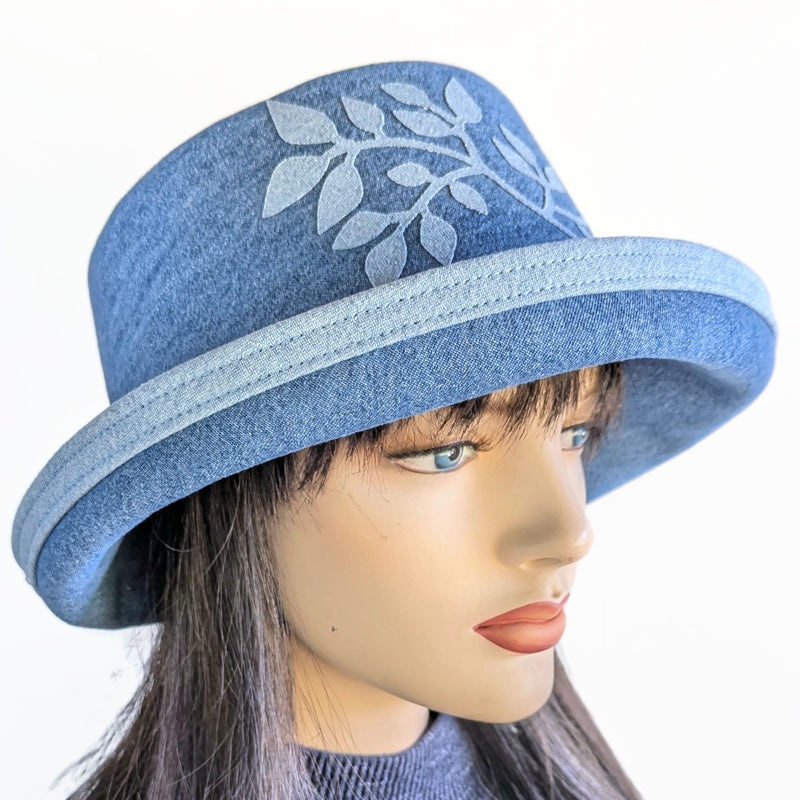 Denim Fashion hat with in royal washed denim with wide brim and adjustable fit, with leaf applique