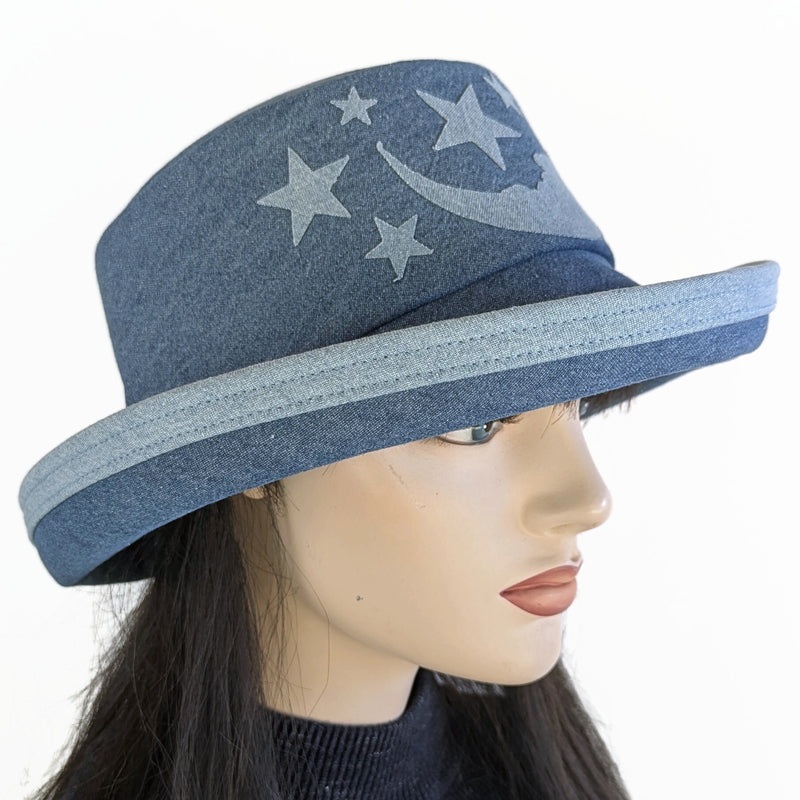 Denim Fashion hat with in royal washed denim with wide brim and adjustable fit, with moon and stars applique
