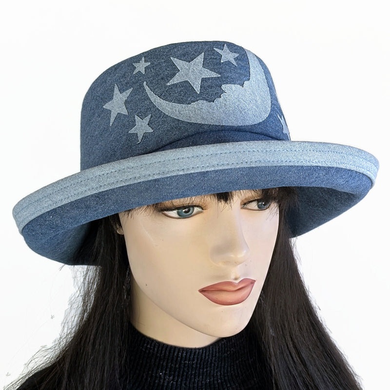 Denim Fashion hat with in royal washed denim with wide brim and adjustable fit, with moon and stars applique