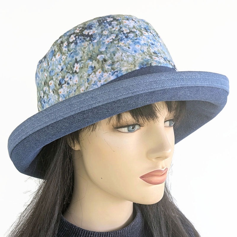 Sunblocker UV summer sun hat with wide brim, blue daisy print, adjustable fit