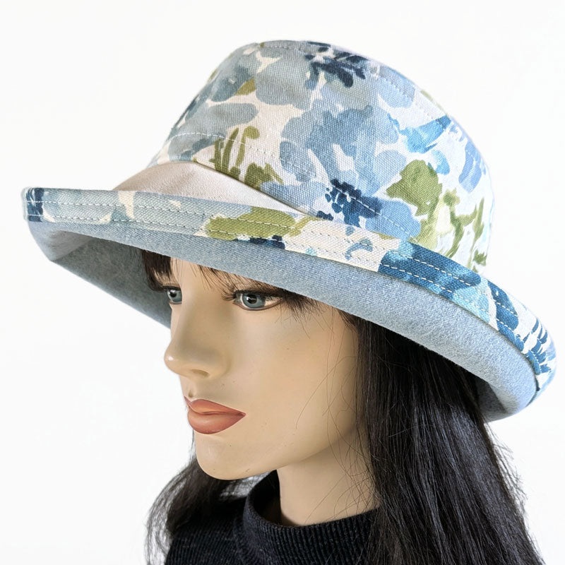 Sunblocker UV summer sun hat with wide brim, canvas floral in blues, adjustable fit