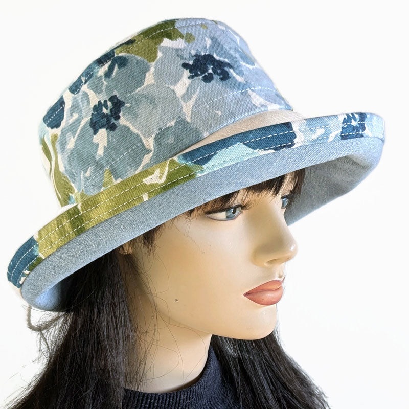 Sunblocker UV summer sun hat with wide brim, canvas floral in blues, adjustable fit